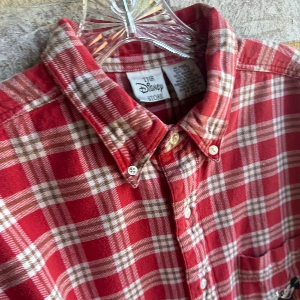 The Disney Store Embroidered Mickey Check Flannel Button Up Shirt Mens Size XL